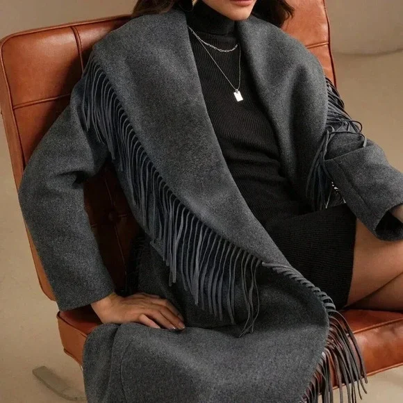 Grey Elegant Women's Faux Fur Collar Wool Blend Jacket With Fringe Trim - Picture 4 of 8